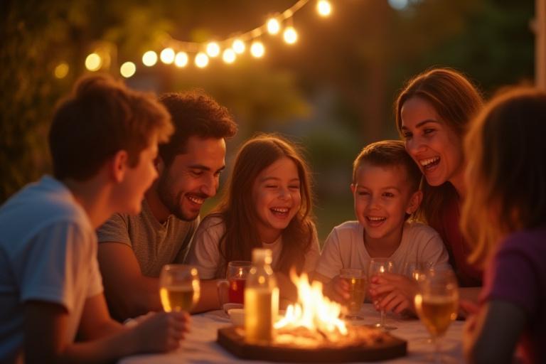 A family enjoying an evening barbecue under the warm glow of integrated outdoor lighting. Kids laughing.