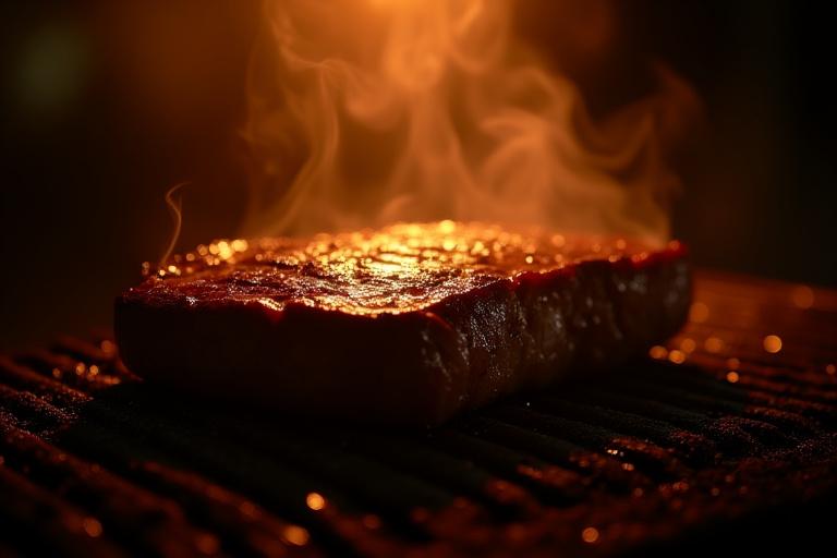 A sizzling steak on a grill at night, perfectly seared and backlit by a subtle, warm light.