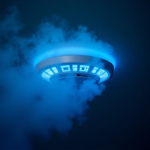Close-up of a high-tech smoke detector with LED indicators, showing wisps of clean blue smoke passing by.